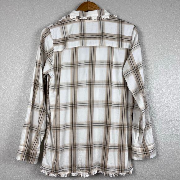 Soft Surroundings Womens Small Divine Neutral Plaid Flannel Button Up Pajama Top - Picture 2 of 9